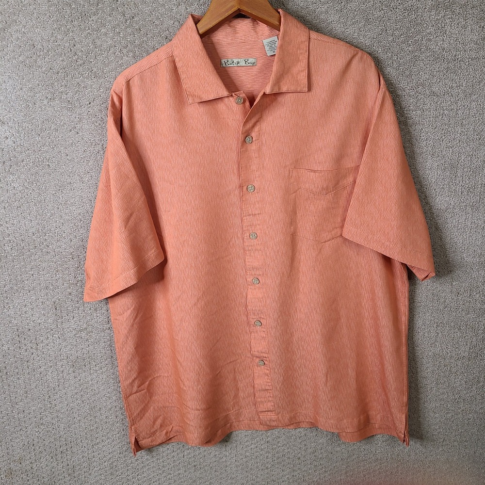 Batik Bay Shirt Mens XL Orange Button Down Rayon Polyester Short Sleeve Camp